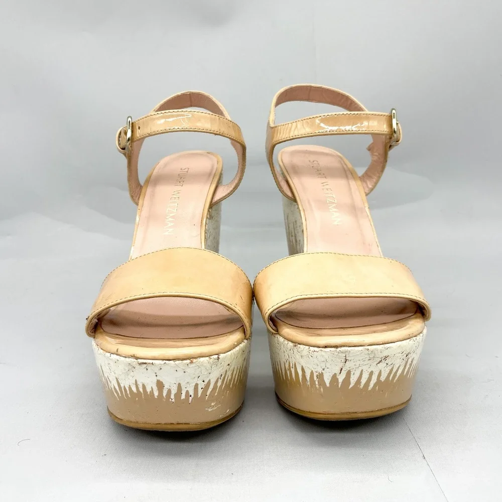 Stuart Weitzman Womens 8M Single Sky Cork Wedge Tan Patent Leather Heels Boho - Picture 2 of 12